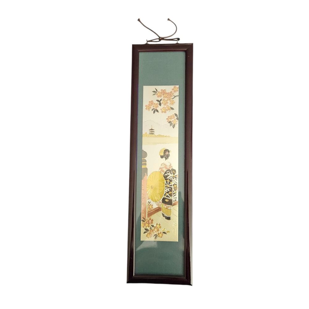 Vintage Japanese Chokin Art Geisha Cherry Blossom Pagoda Framed Foil Wall Art